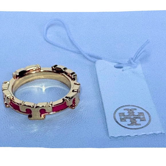 NWT Tory Burch Serif-T Enamel Stackable Ring - Coral & Gold Tone - Size 7 - Picture 4 of 4